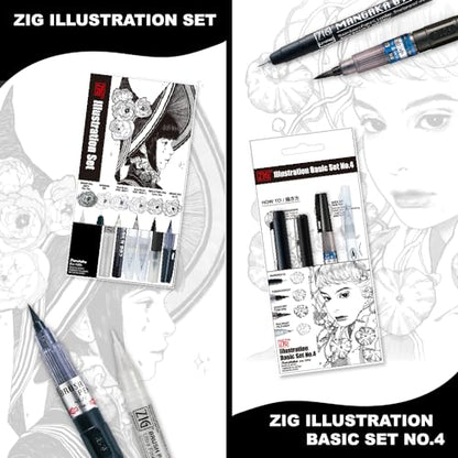 Kuretake Zig Inktober pen set, for Illustration, Manga Drawing, Lettering and Calligraphy, Professional Artist, Made in Japan (Basic No.4(4pcs.)) - style: Basic No.4(4pcs.)