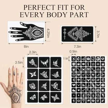 Koogel 18 Sheets 97PCS Henna Tattoo Stencil Kit, Reusable Mehndi Templates | for Bridal Mehndi & Music Festivals — Indian Wedding, Bachelorette Party, Summer Body Art, Women Girls Kids - color: Black1