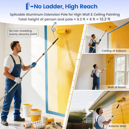 BOBEN 18PCS Paint Roller Set, Adjustable Pole 1-6ft, 4"/9" Roller Frames & Brushes – for Home, Ceiling, Wall Painting with All Paints & Stains