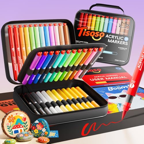 Tisoso 36 Colors Acrylic Paint Markers Brush Tip with Automatic Ink Control | Water-Based Paint Pens with Canvas Bag,Waterproof Acrylic Markers for DIY Art & Crafts -Rock, Wood, Fabric,Glass, Metal - color: 36 Colors