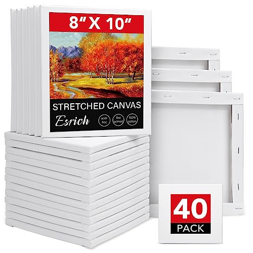 ESRICH 40Pack Stretched Canvas for Painting 8x10, Blank White Canvases for Painting - Primed Cotton, Art Canvases for Oil, Acrylic & Watercolor Paint. - size: 8x10in-40Pack