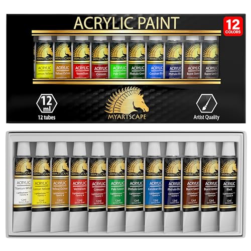 MyArtscape Artist Quality Painting Set - Acrylic Paint - 12 x 12ml Tubes with Pocket Paint Brush (Set 1) - 7 Artists' Paintbrushes