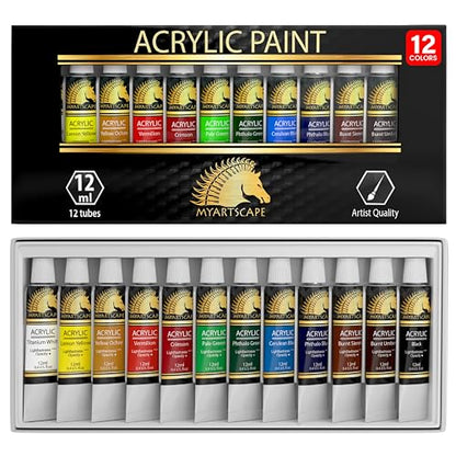 MyArtscape Artist Quality Painting Set - Acrylic Paint - 12 x 12ml Tubes with Pocket Paint Brush (Set 1) - 7 Artists' Paintbrushes