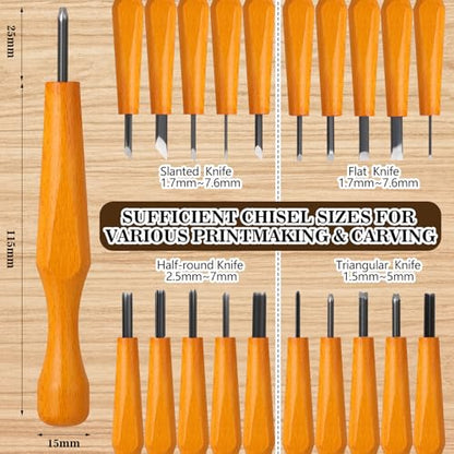 20 Pcs Linocut Carving Tools Set Triangular Flat Slanted Half-round Linocut Tools Carving Knife Chisel Kits for Woodworking Printmaking DIY Stamp Sculpture Beginner Sculpture