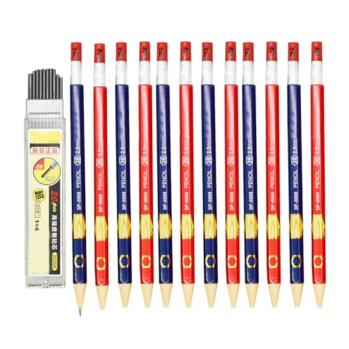 Maydahui 12Pcs 2.0mm Red Blue Mechanical Pencils with 20Pcs 2B Refills | Hexagonal Automatic Wood-like Pencil Built-in Sharpener for Artist Drawing Sketching Drafting Homework Practise