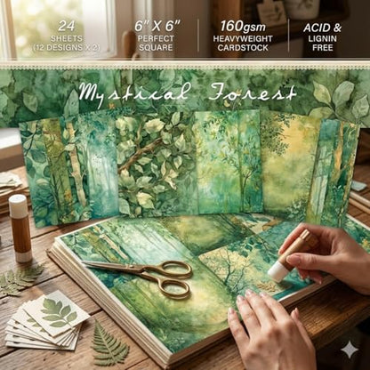 6x6 Scrapbook Paper Pad, Mystical Forest Botanical Designs, 24 Single-Sided Sheets (12 Designs, 2 Each), 160gsm Acid-Free Paper for Card Making, Scrapbooking & Journaling - color: 6x6 Forest Green