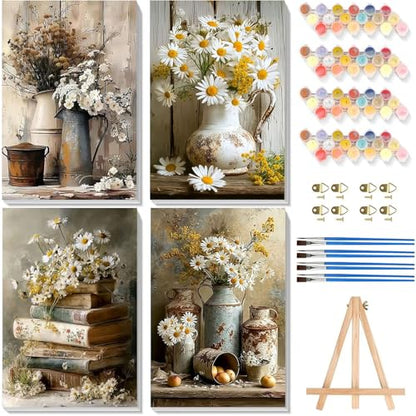 4 Pack Flower Paint by Numbers for Adults with Framed Canvas - Wooden Easel - color: BKH2107+BKH2108+BKH2109+BKH2110