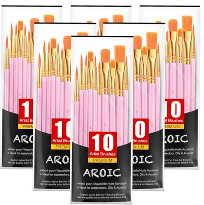 AROIC Acrylic Paint Brushes, 6 Packs/60 pcs Nylon Hair Paint Brush Set | All Purpose Oil Watercolor Painting Artist Professional Kits (Pink) - size: 60pcs-pink