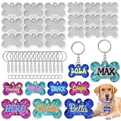 ResinWorld Set of 2'' & 1.5'' Dog Bone Silicone Molds with 15Pcs Key Ring & 15pcs Jump Ring, Pet Tag Mold for Resin Casting
