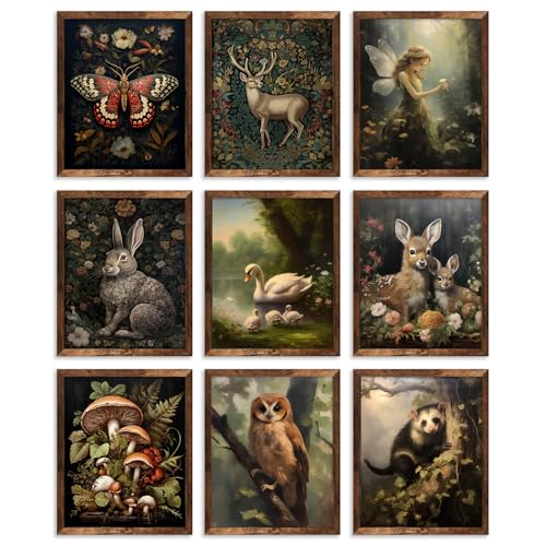 Aroutde 9Pcs Dark Cottagecore Room Decor, Vintage Goblincore Wall Decor Forest Botanical Wall Art Fairycore Posters Mushroom Rabbit Picture Cottage Core Wall Decor for Bedroom Apartment (Unframed) - color: Cottagecore