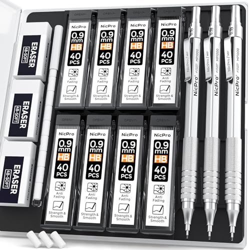 Nicpro 0.9 mm Metal Mechanical Pencil Set with Case | 3PCS MP1000 0.9mm Drafting Pencil, 480PCS HB Lead Refills, 3PCS Eraser&Refills for Artist Writing, Drawing, Sketching, Silver - color: Silver, style: 0.9 MM