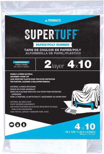 Trimaco SuperTuff Paper/Poly Drop Cloth Runner, 4-feet x 10-feet, Whites, (Pack of 12) - size: 4ft x 10ft (Pack of 12)