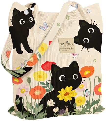 Miss Adola Corduroy Tote Bag for Women with Aesthetic Design | Magnetic Buckle & Pocket, Reusable, Soft, Roomy, Long Shoulder Handles, Double-sided Print, Casual Daily Work, Grocery Bags - color: Three Cats