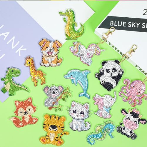 Augisteen 15 PCS Diamond Painting Keychains Animal Diamond Art Ornaments Double Side Diamonds Key Rings DIY 5D Art Pedants for Beginners Birthday Crafting Home Party Decor