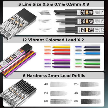 Nicpro 37PCS Art Mechanical Pencil Set, Metal Drafting Pencils 0.5 mm, 0.7 mm, 0.9 mm & 2mm Lead Pencil Holder (6B 4B 2B HB 2H 4H Colors) For Sketching Drawing With 20 Tube Lead Refills Eraser Case - style: 8 Pack （0.5mm & 0.7mm & 0.9mm & 2.0mm）