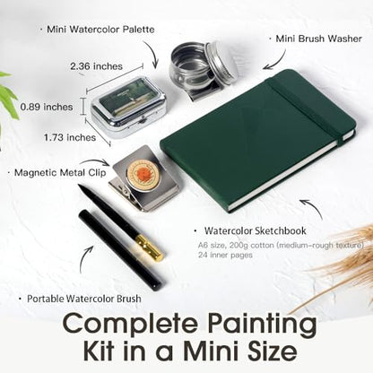 D10 Mini Watercolor Palette Travel Set - 10 Colors Portable Tin with Magnetic Metal Clip & Tiny Water Bottle - Micro Pocket Paint Kit for Urban Sketching, Art Journaling & Plein Air