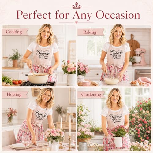 Cute Floral Apron for Women with Pockets, Cotton, Adjustable Straps - color: Pink