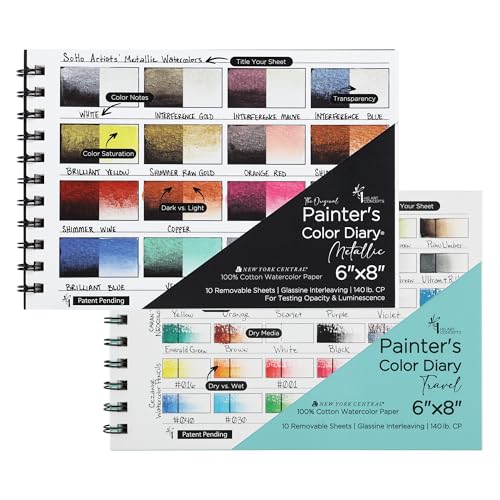 HG Art Concepts Travel Size Painters Water Color Diary 2 Pack - Classic and Metallic - 6x8 Spiral-Bound Acid-Free Color Swatch Book with 10 Removable Pages and Glassine for Traveling Artists - color: Classic/Metallic Watercolor, size: 2 Pads | 20 Pages