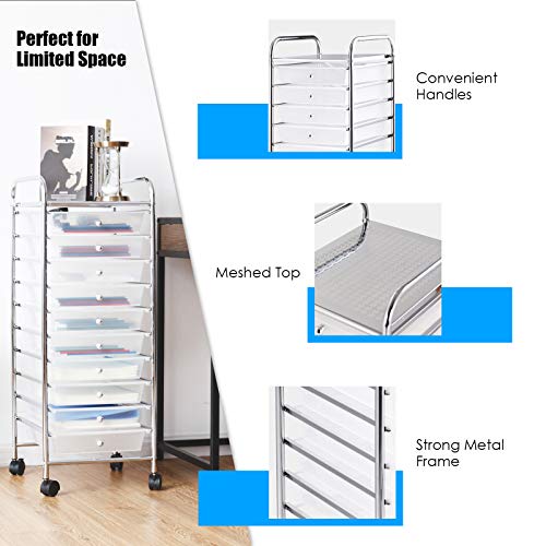 Happygrill 10-Drawer Storage Cart, Utility Cart with Removable Drawers & Metal Frame, Rolling Storage Cart with Lockable Wheels for Home, Office, Clear - color: Clear