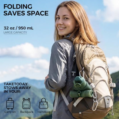 TakeToday Collapsible Water Bottles, Foldable for Travel, 32oz, Blue | Compact Foldable Travel Bottle with Straw, TSA-Approved Leakproof Silicone, BPA-Free for Hiking & Outdoors - color: Blue