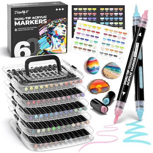 JusArt 60 Colors Automatic Ink Control Acrylic Paint Markers with Dual Tip | Broad Tip and Brush Tip Pens for Ceramic, Wood, Canvas, Glass, Stone, Fabric, Rock Painting, DIY Crafts Art Supplies Kit - color: 60 Colors