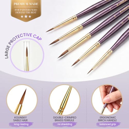 Kolinsky Sable Miniature Paint Brushes with Drybrushes, 7PCS Professional Detail Paintbrushes Set for Miniatures, Watercolor, Acrylic & Model Painting