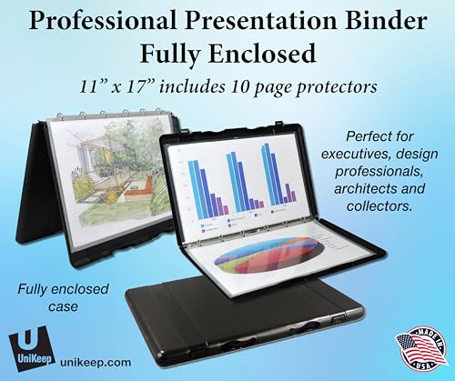 UniKeep 11x17 Large Format Presentation Binder Case with 10 Clear EnvyPak Page Protectors, Black Clamshell Portfolio Folder with 6 Metal Rings for Blueprints, Art, Schematics, and Posters, Made in USA