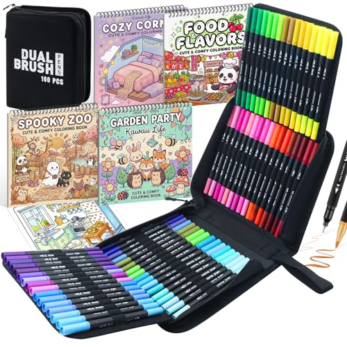 100-Color Dual Tip Markers in Case + 4 Spiral Bound Adult Coloring Books