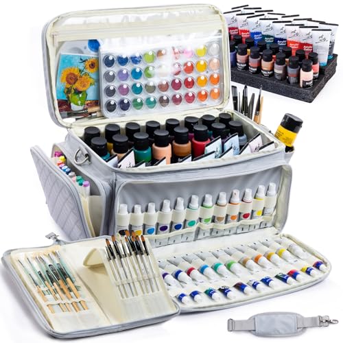 SFYBYHEART Quilted Acrylic Paint Organizer Bag with 13" Brush Holder Case, Art Supply Storage Bag with Foam Inserts for Bottles & Tubes, Large Craft Paint Organizer for Artists - color: Grey