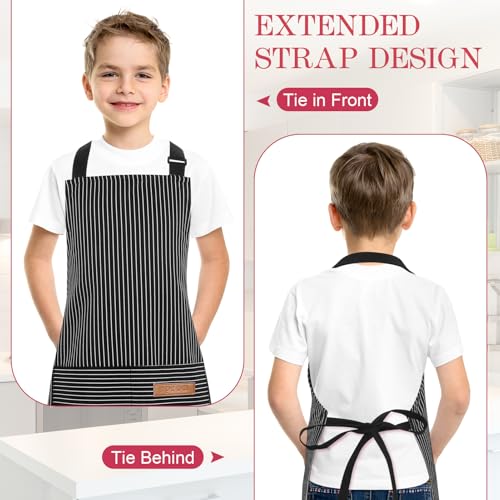 3 Pack Stripes Kids Apron, Adjustable Kids Cooking Aprons with 2 Pockets, Cute Chef Baking Aprons for Boys and Girls - color: Black + Grey + Red, size: 45x50cm