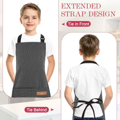 3 Pack Stripes Kids Apron, Adjustable Kids Cooking Aprons with 2 Pockets, Cute Chef Baking Aprons for Boys and Girls - color: Black + Grey + Red, size: 45x50cm