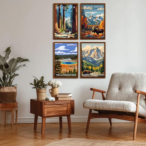 Reivworl 4 Pack Framed Paint by Numbers for Adults with Wooden Easel, National Parks Paint by Numbers Kit for Adults Beginner, Acrylic Painting by Number for Home Decor 8X12 Inch - color: 02-National Parks