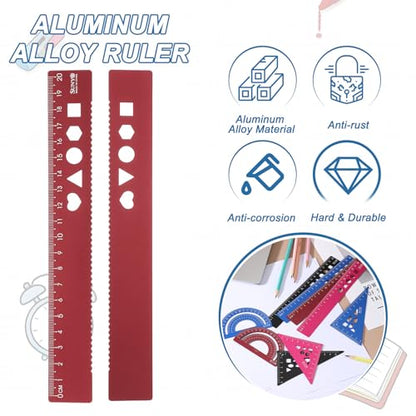 HARFINGTON 4pcs Triangular Ruler Set 20cm Aluminum Alloy Straight Geometric Protractor Triangle Engineering Scale Drafting Ruler Kit Measuring Drawing Tool for Classroom Office Home, Red - color: Red
