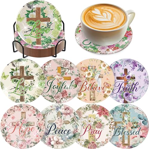 Diamond Painting Art Coaster Kit - 8 PCS Cross Christian Diamond Art Coaster Set With Bible Verse Religious Gem Art Coaster Non Slip Diamond Painting Kits Inspirational Gift for Adults Beginners Xmas - color: Christian01