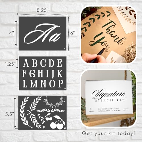 Boutique Calligraphy Stencil Template Kit | 45 Reusable Pieces | Lettering Upper, Lowercase, Large & Small | Numbers, Punctuation, Laurels and Flowers - for Arts Crafts Painting Wood (Signature Kit) - style: Signature Stencils