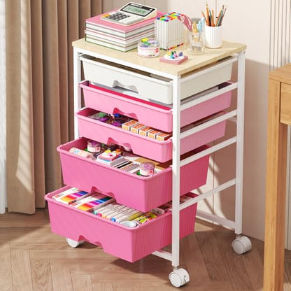 Goovilla Rolling Cart with 5 Drawers for Craft, Art, Dorm, Office, Pink - size: Pink
