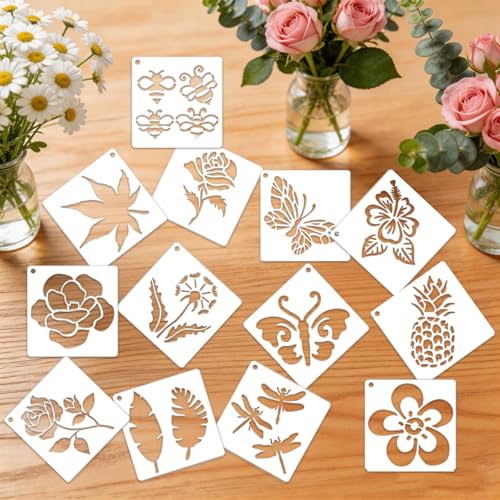 50 Pcs Large Flower Stencils for Painting, 3.94 X 3.94 Inch Flower Stencils for Crafts Reusable, Wood and Wall Stencils for Painting Large Pattern, DIY Templates Holiday Wall Paper (J) - style: J