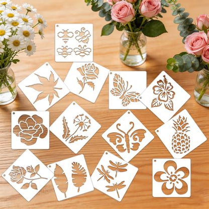 50 Pcs Large Flower Stencils for Painting, 3.94 X 3.94 Inch Flower Stencils for Crafts Reusable, Wood and Wall Stencils for Painting Large Pattern, DIY Templates Holiday Wall Paper (J) - style: J