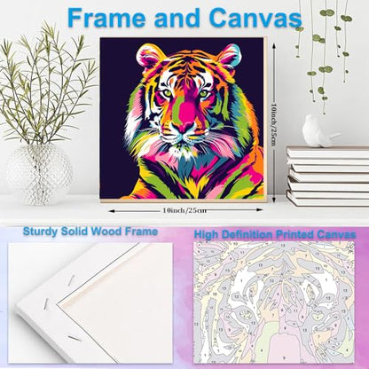 Artunion Framed Paint by Numbers Kit for Adults Beginners & Kids Ages 8-12,Colorful Tiger Paint by Number with Frame, Animals Paint by Numbers Kit on Canvas 10 * 10 Inch Without Easel - color: ZXT-266-F
