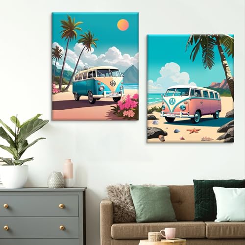 Pangoo Art 2 Pack Paint By Numbers Kit for Adults Beginner，Landscape Paint By Number On Canvas，Microbus Paint By Numbers for Adults, Beach Acrylic Oil Adult Paint By Number for Home Decor 12x16 Inch - color: Cars2
