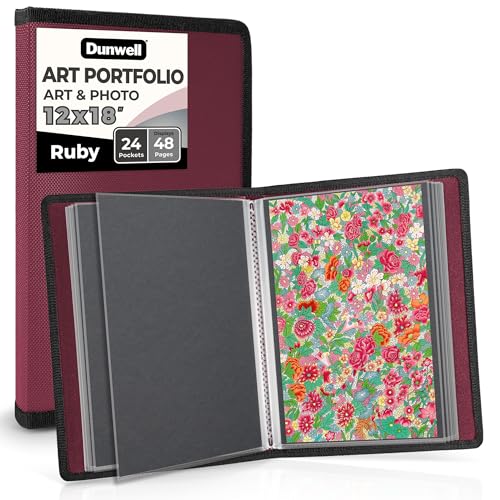 Dunwell 12x18 Art Portfolio Binder, 24-Sleeve, Black Mounting Paper, Ruby | 24 Clear Sleeves, Displays 48 Pages, Black Mounting Paper Included, Artwork Storage, Acid-Free Poly Protection - color: Ruby, size: 12x18" w/ BLK Paper