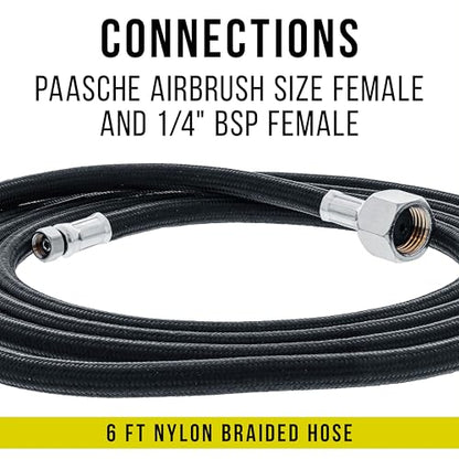 Master Airbrush 6 Foot Braided Airbrush Hose | Only Fits Paasche 1/4” NPT & 1/4" BSP Air Brush Hose Adapter Fitting Connectors for Regulator Compressor - size: 6' (1/4" Paache Fittings)