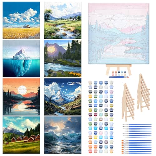 RoundFunny 8 Set Paint by Numbers Drawing Kit for Adults,Landscapes | 8x8 in. Mini Simple Painting Canvas Wooden Frame Easel Acrylic Paint Brush Funny Number Drawing Kit for Gift Wall Home Decor - style: Landscapes