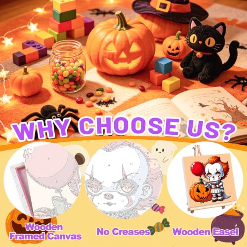 4 Pack Halloween Paint by Numbers for Kids with Frame Canvas - Wooden Easel - color: BKH2889+BKH2890+BKH2891+BKH2892