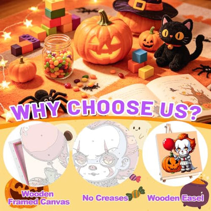 4 Pack Halloween Paint by Numbers for Kids with Frame Canvas - Wooden Easel - color: BKH2889+BKH2890+BKH2891+BKH2892