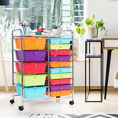 COSTWAY 15 Drawer Rolling Storage Cart, Mobile Storage Organizer | Removable Drawers & Metal Frame, Multipurpose Utility Tools Paper Organizer on Wheels for Home, Office (Multi-color) - color: Multi-color, size: 15 Drawer