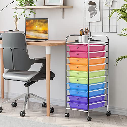 RELAX4LIFE 10 Drawer Rolling Cart, Slim Storage Cart | Lockable Wheels Classroom School Teacher Office Art Supplies Paper Scrapbook Craft Organizers Utility Cart (Color) - color: Colorful, size: 34''H