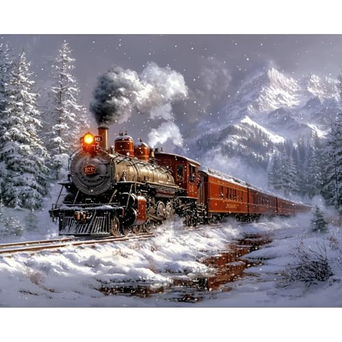 Train Paint by Numbers Kit for Adults,Winter Painting by Numbers,DIY Acrylic Paint Kit for Adults Beginners Without Frame,Easy Christmas Adult Paint by Number Kits on Canvas for Decor 16x20inch - color: MT21695