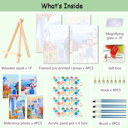Lanzeyo 4 Pcs Paint by Numbers Kits for Adults Framed Canvas with Wooden Easel DIY Mediterranean Landscape Oil Paintings Kits Paint by Numbers on Canvas Wall Art (8x12 inch) - color: 02 Landscape