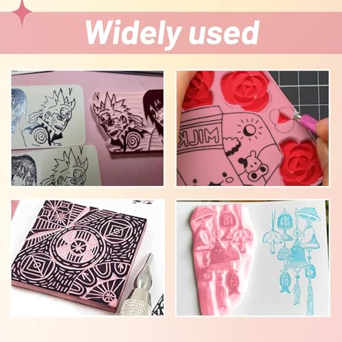 4 Pack 4"x6" Rubber Carving Blocks with Lino Cutter Tool Set | Smooth soft pink texture; interchangeable blades for linoleum printmaking, stamp making & DIY crafts